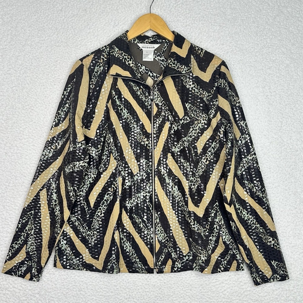 Misook Animal Print Zip Front Jacket Womens Large Stretch Career Travel Korea